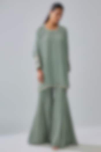 Blue Crepe Printed Flowy Wedding Sharara Set by SVA BY SONAM & PARAS MODI at Pernia's Pop Up Shop