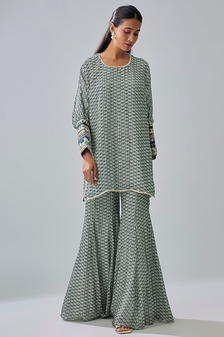 Blue Crepe Printed Flowy Wedding Sharara Set by SVA BY SONAM & PARAS MODI at Pernia's Pop Up Shop