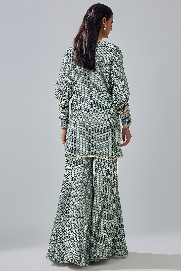 Blue Crepe Printed Flowy Wedding Sharara Set by SVA BY SONAM & PARAS MODI at Pernia's Pop Up Shop