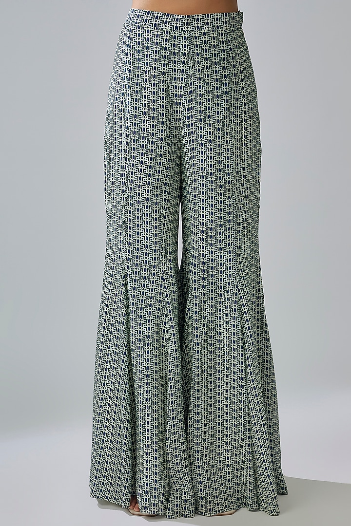 Blue Crepe Printed Flowy Wedding Sharara Set by SVA BY SONAM & PARAS MODI at Pernia's Pop Up Shop