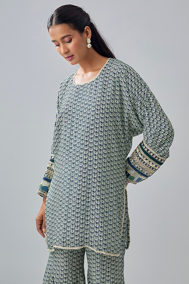 Blue Crepe Printed Flowy Wedding Sharara Set by SVA BY SONAM & PARAS MODI at Pernia's Pop Up Shop