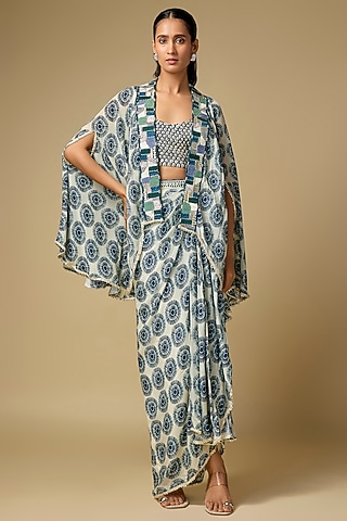 Midnight Blue Crepe Printed Skirt Set by Sva By Sonam & Paras Modi