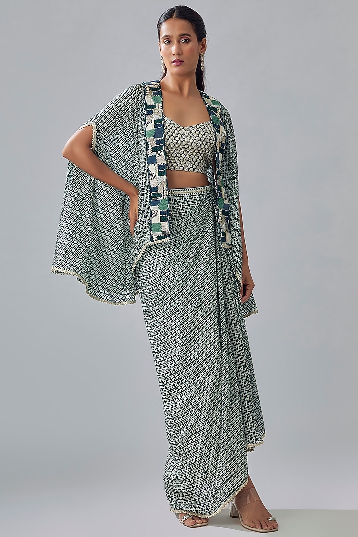 Blue Crepe Printed Cape Set by SVA BY SONAM & PARAS MODI at Pernia's Pop Up Shop