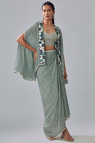 Blue Crepe Printed Cape Set by SVA BY SONAM & PARAS MODI