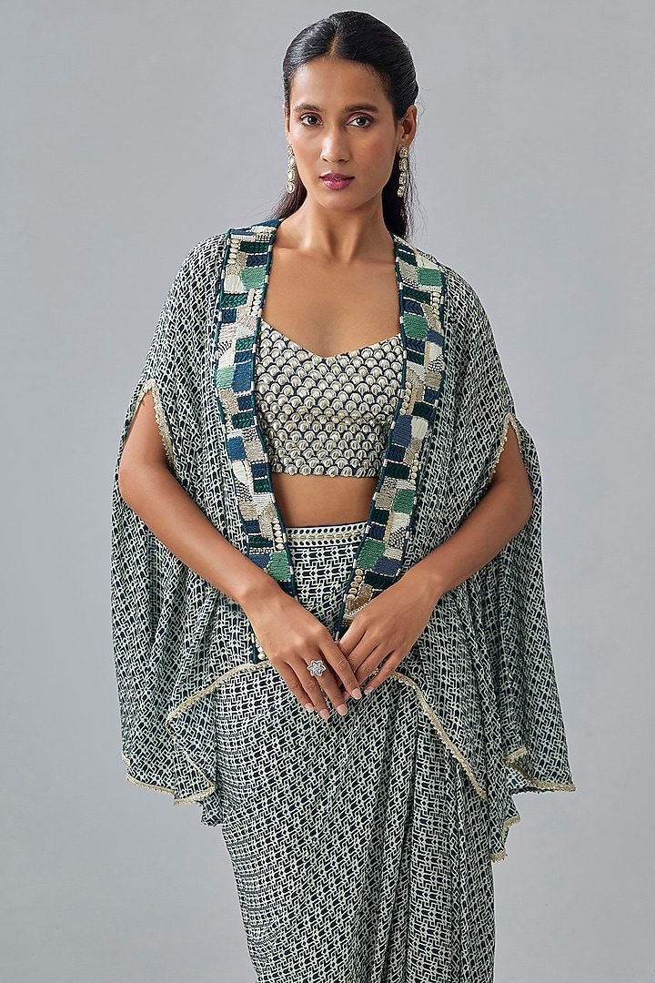 Blue Crepe Printed Cape Set by SVA BY SONAM & PARAS MODI at Pernia's Pop Up Shop