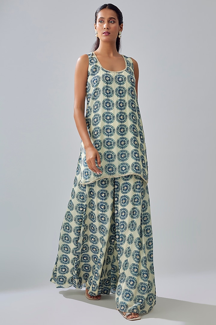 Blue Crepe Printed Wedding Sharara Set by SVA BY SONAM & PARAS MODI at Pernia's Pop Up Shop