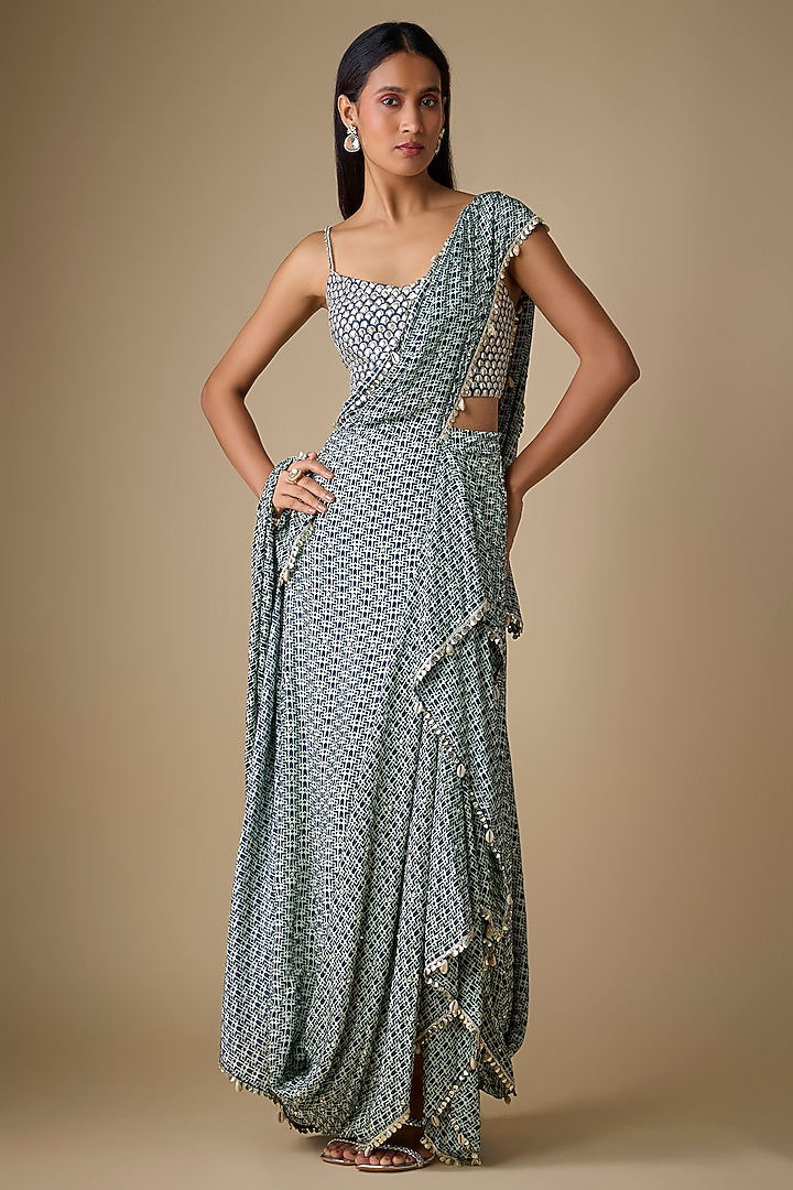 Blue Crepe Geometric Printed Draped Ruffled Reception Saree Set by SVA BY SONAM & PARAS MODI at Pernia's Pop Up Shop