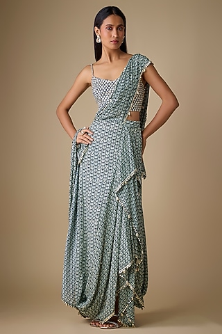 Blue Crepe Geometric Printed Draped Ruffled Saree Set by SVA BY SONAM & PARAS MODI