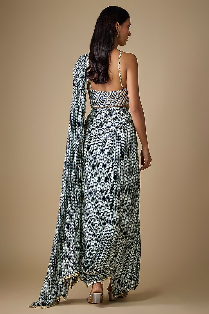 Blue Crepe Geometric Printed Draped Ruffled Reception Saree Set by SVA BY SONAM & PARAS MODI at Pernia's Pop Up Shop