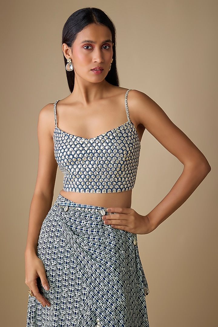Blue Crepe Geometric Printed Draped Ruffled Reception Saree Set by SVA BY SONAM & PARAS MODI at Pernia's Pop Up Shop