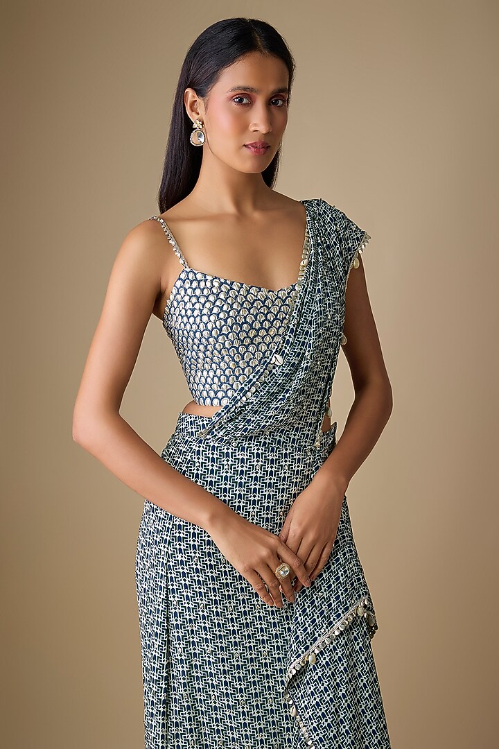Blue Crepe Geometric Printed Draped Ruffled Reception Saree Set by SVA BY SONAM & PARAS MODI at Pernia's Pop Up Shop