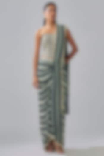 Blue Crepe Chevron Printed Draped Wedding Saree Set by SVA BY SONAM & PARAS MODI at Pernia's Pop Up Shop