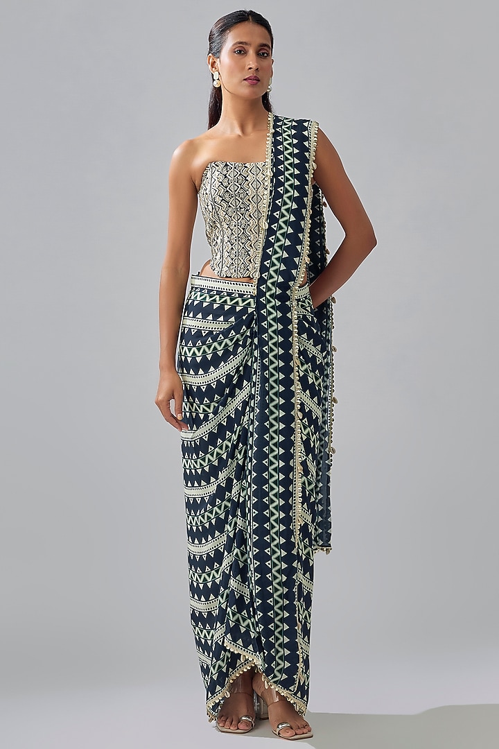 Blue Crepe Chevron Printed Draped Wedding Saree Set by SVA BY SONAM & PARAS MODI at Pernia's Pop Up Shop
