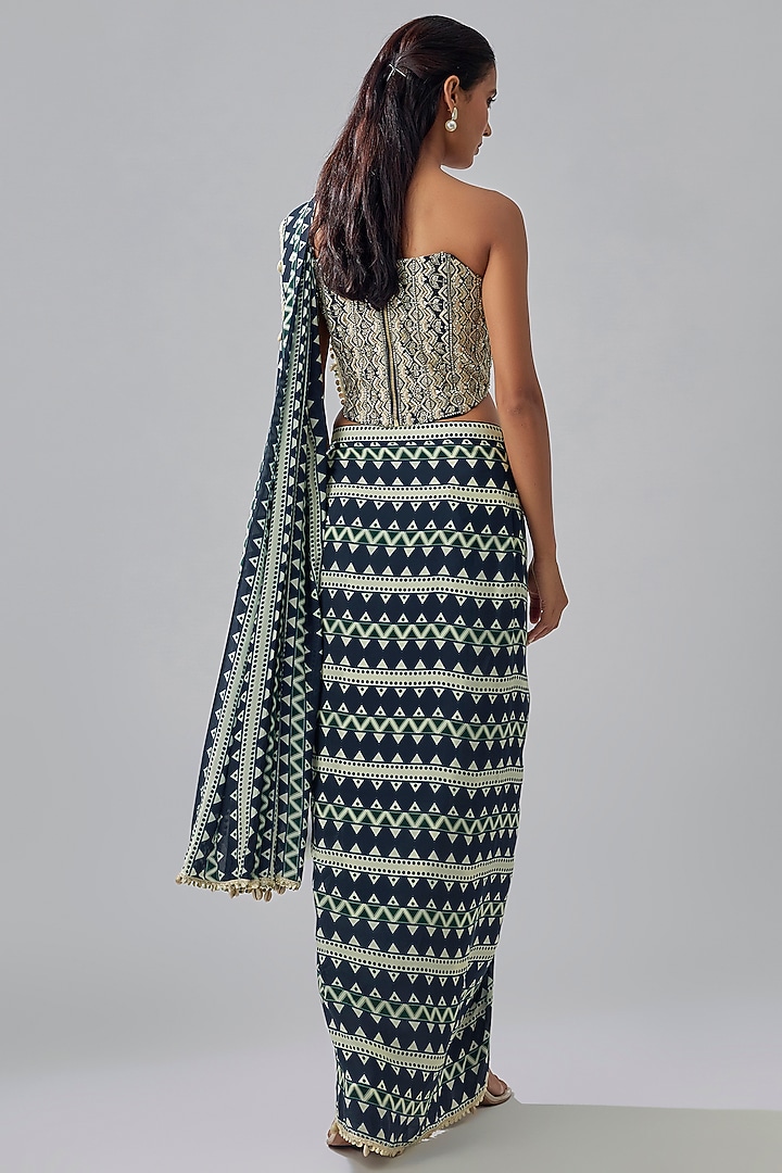 Blue Crepe Chevron Printed Draped Wedding Saree Set by SVA BY SONAM & PARAS MODI at Pernia's Pop Up Shop
