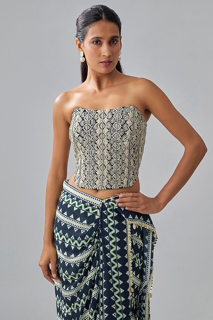 Blue Crepe Chevron Printed Draped Wedding Saree Set by SVA BY SONAM & PARAS MODI at Pernia's Pop Up Shop