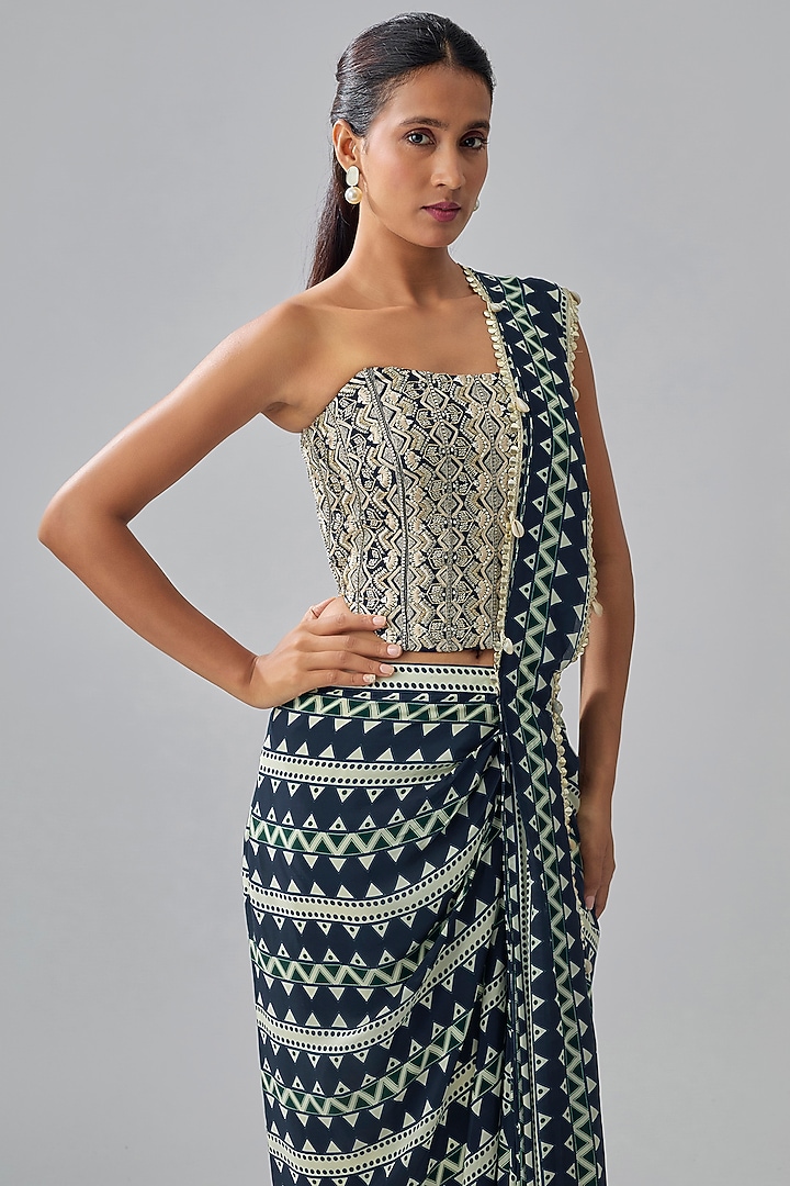 Blue Crepe Chevron Printed Draped Wedding Saree Set by SVA BY SONAM & PARAS MODI at Pernia's Pop Up Shop