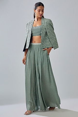 Blue Crepe Printed Cape Set by SVA BY SONAM & PARAS MODI