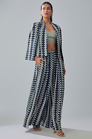 Blue Crepe Printed Cape Set by SVA BY SONAM & PARAS MODI