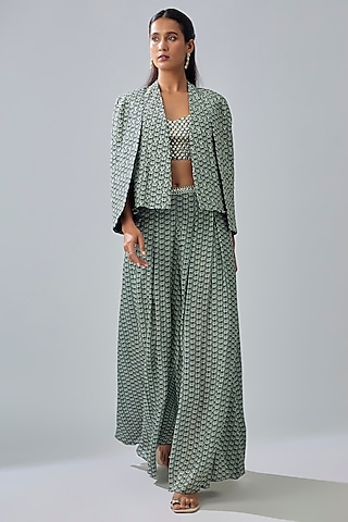 Blue Crepe Printed Cape Set by SVA BY SONAM & PARAS MODI