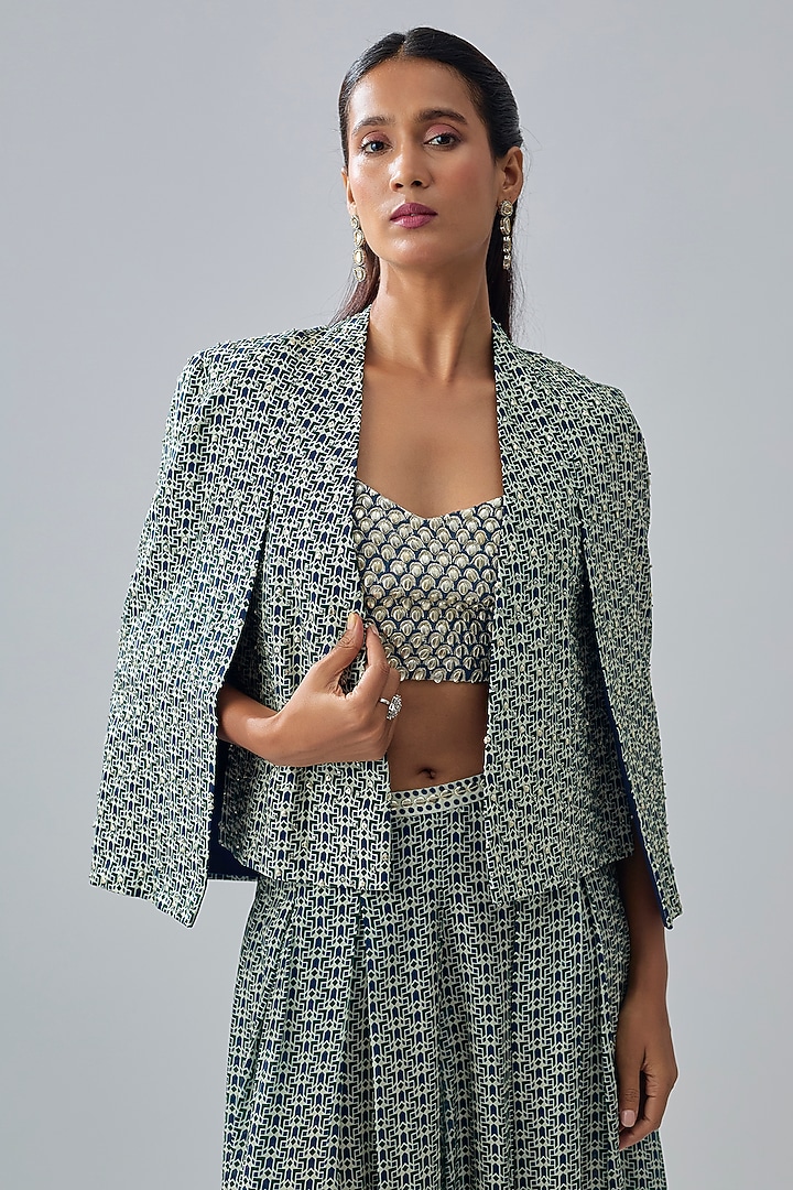 Blue Crepe Printed Cape Set by SVA BY SONAM & PARAS MODI at Pernia's Pop Up Shop