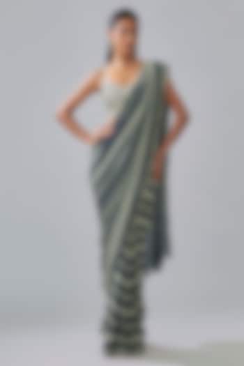 Blue Crepe Geometric Printed Reception Saree Set by SVA BY SONAM & PARAS MODI at Pernia's Pop Up Shop