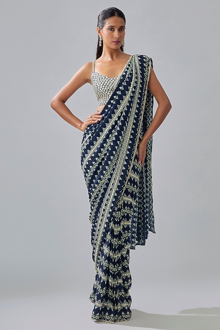 Blue Crepe Geometric Printed Reception Saree Set by SVA BY SONAM & PARAS MODI at Pernia's Pop Up Shop