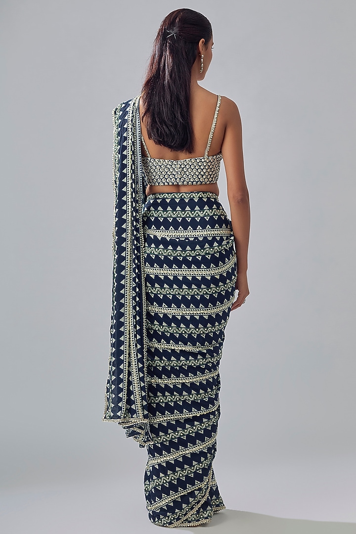 Blue Crepe Geometric Printed Reception Saree Set by SVA BY SONAM & PARAS MODI at Pernia's Pop Up Shop