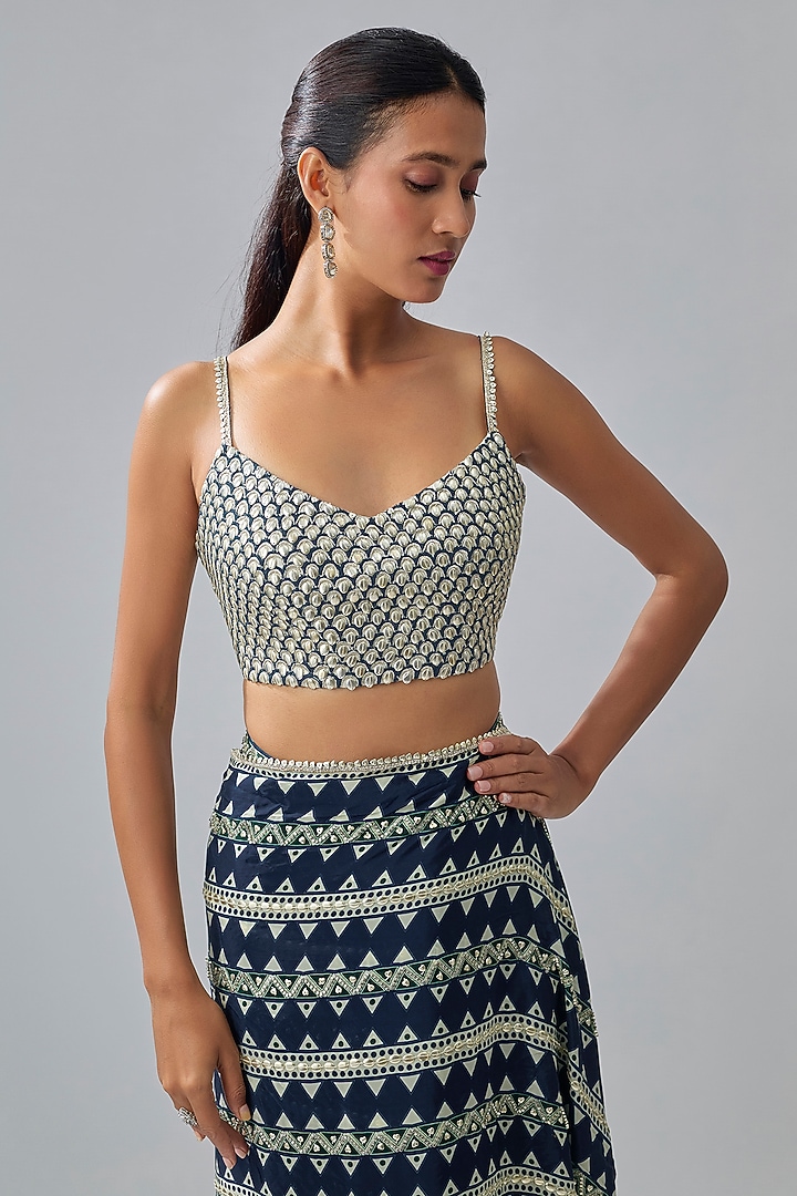 Blue Crepe Geometric Printed Reception Saree Set by SVA BY SONAM & PARAS MODI at Pernia's Pop Up Shop