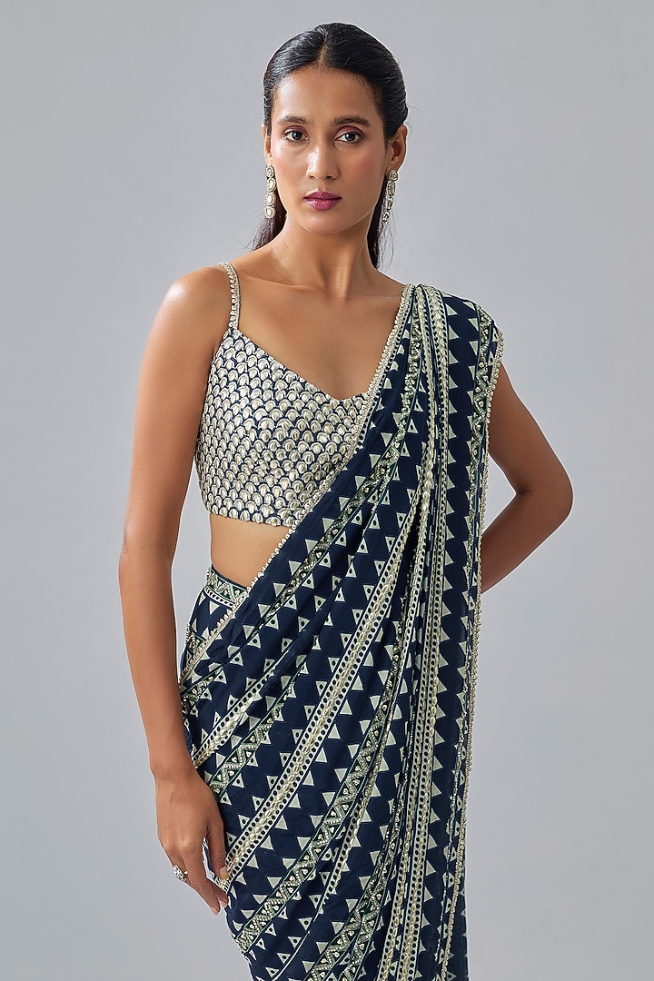 Blue Crepe Geometric Printed Reception Saree Set by SVA BY SONAM & PARAS MODI at Pernia's Pop Up Shop