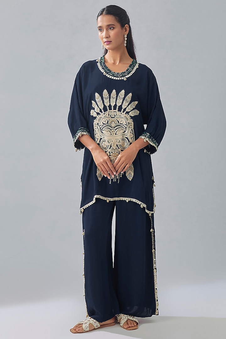 Blue Crepe Embroidered Co-Ord Set by SVA BY SONAM & PARAS MODI at Pernia's Pop Up Shop