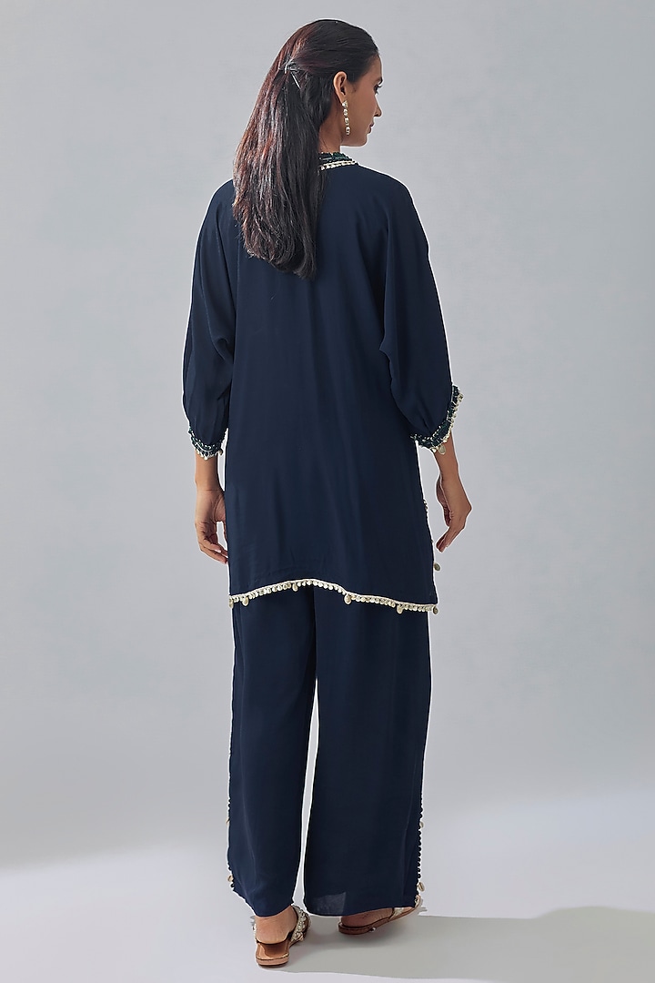Blue Crepe Embroidered Co-Ord Set by SVA BY SONAM & PARAS MODI at Pernia's Pop Up Shop