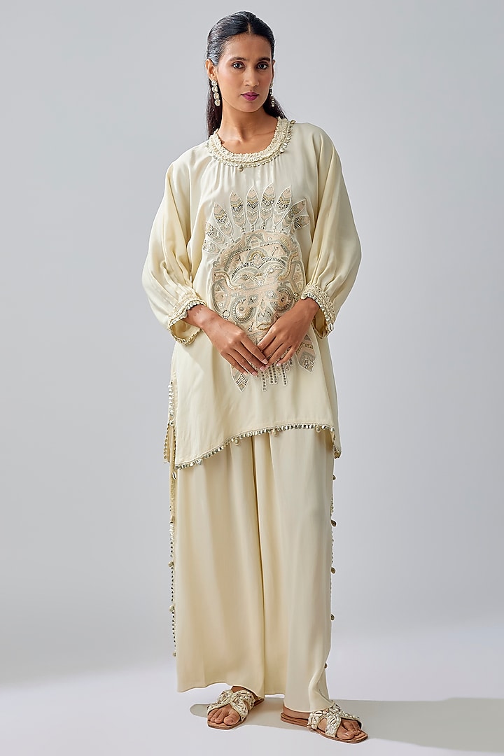 Ivory Crepe Embroidered Co-Ord Set by SVA BY SONAM & PARAS MODI at Pernia's Pop Up Shop