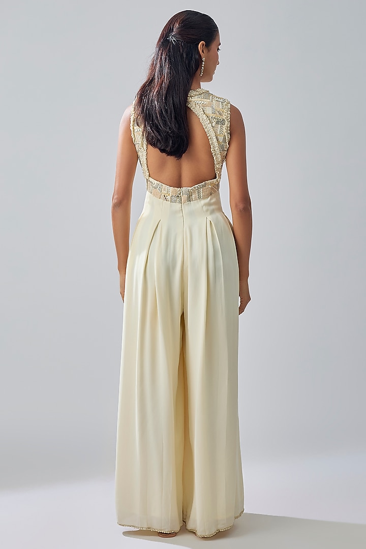 Ivory Crepe Hand Embroidered Jumpsuit by SVA BY SONAM & PARAS MODI at Pernia's Pop Up Shop