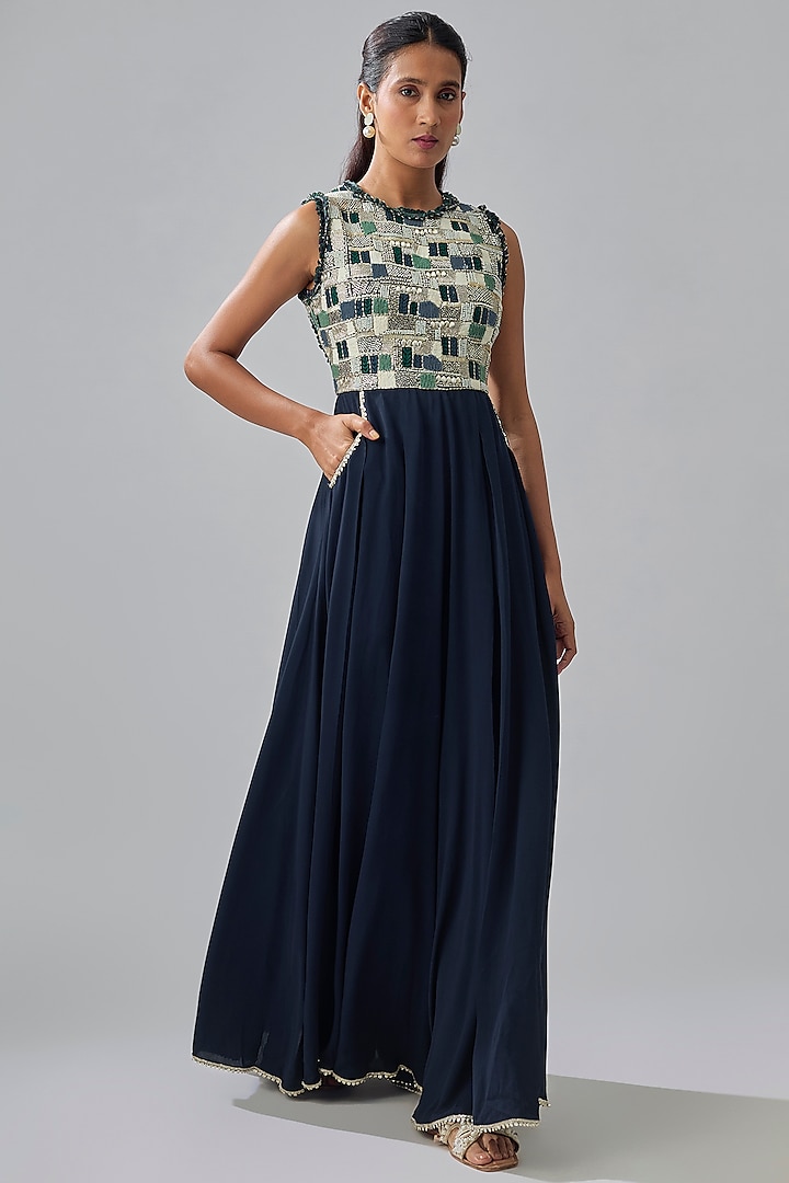 Midnight Blue Crepe Hand Embroidered Jumpsuit by Sva By Sonam & Paras Modi at Pernia's Pop Up Shop