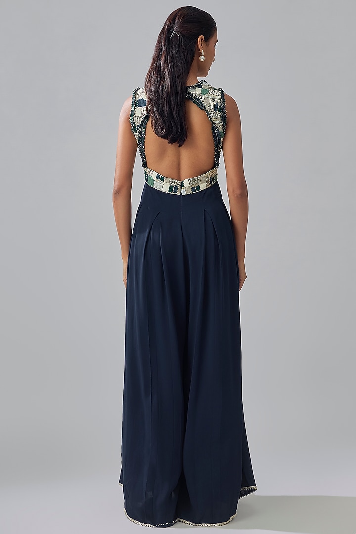Midnight Blue Crepe Hand Embroidered Jumpsuit by Sva By Sonam & Paras Modi at Pernia's Pop Up Shop