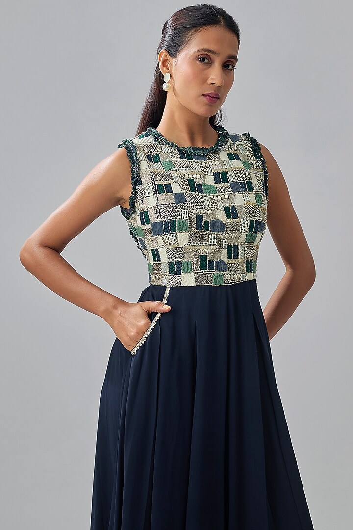 Midnight Blue Crepe Hand Embroidered Jumpsuit by Sva By Sonam & Paras Modi at Pernia's Pop Up Shop