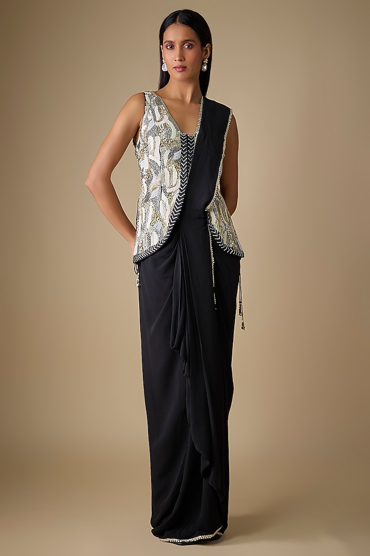 Black Crepe Embellished Draped Reception Saree Set by SVA BY SONAM & PARAS MODI at Pernia's Pop Up Shop