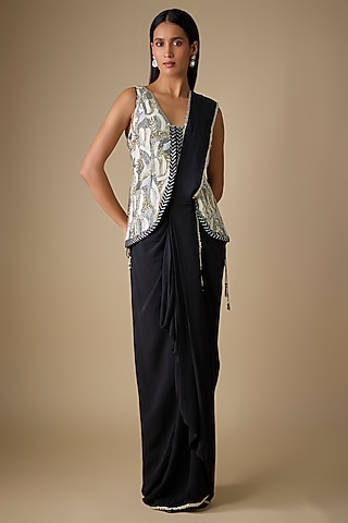 Black Crepe Embellished Draped Saree Set by SVA BY SONAM & PARAS MODI