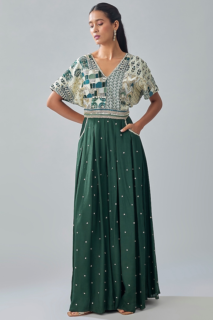 Emerald Crepe Hand Embellished Jumpsuit by Sva By Sonam & Paras Modi at Pernia's Pop Up Shop