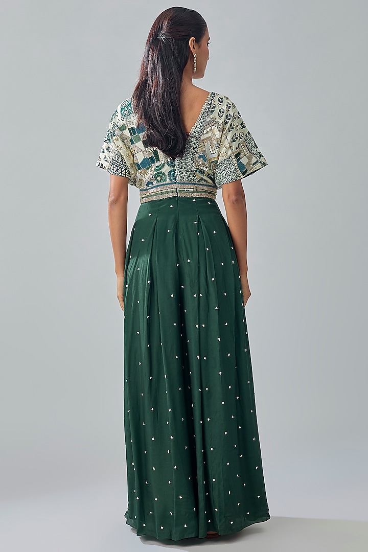 Emerald Crepe Hand Embellished Jumpsuit by Sva By Sonam & Paras Modi at Pernia's Pop Up Shop
