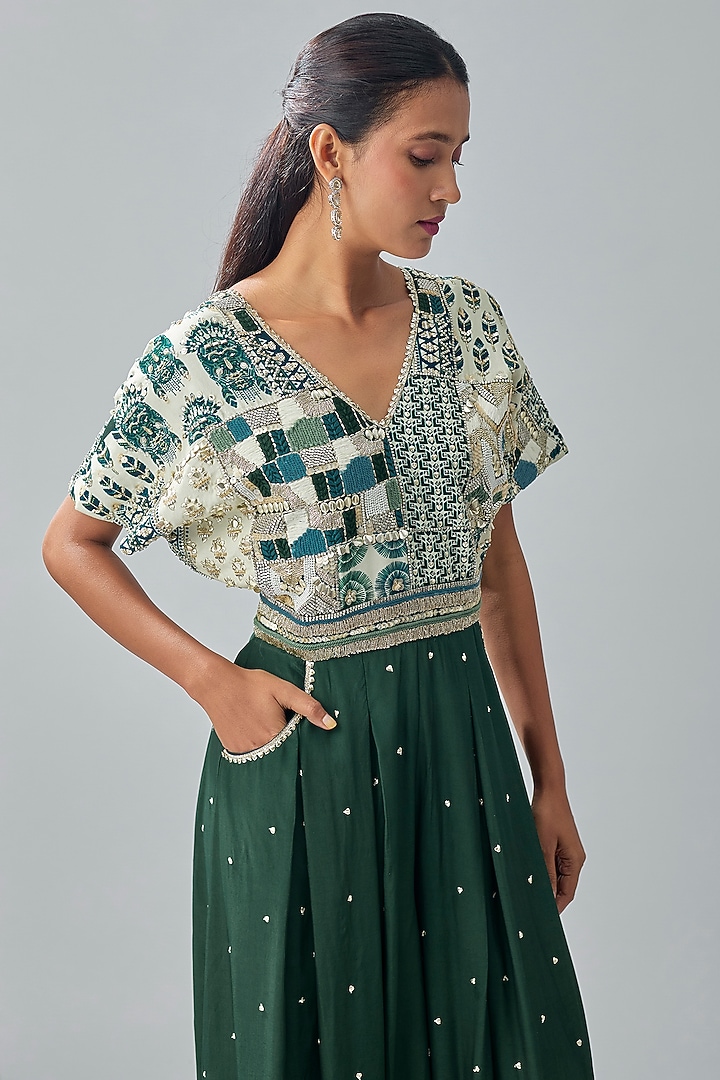 Emerald Crepe Hand Embellished Jumpsuit by Sva By Sonam & Paras Modi at Pernia's Pop Up Shop