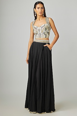 Black Crepe Pleated Skirt Set by Sva By Sonam & Paras Modi
