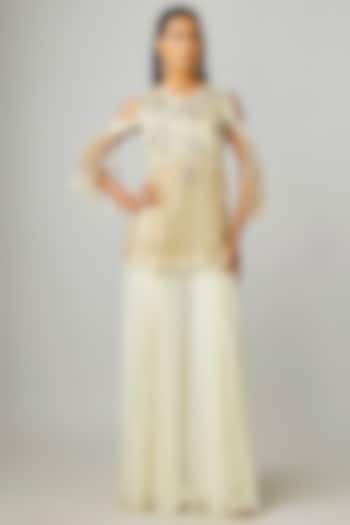 Ivory Crepe Embellished Fringe Jacket Set by Sva By Sonam & Paras Modi at Pernia's Pop Up Shop