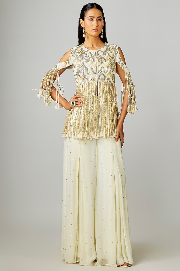 Ivory Crepe Embellished Fringe Jacket Set by Sva By Sonam & Paras Modi at Pernia's Pop Up Shop