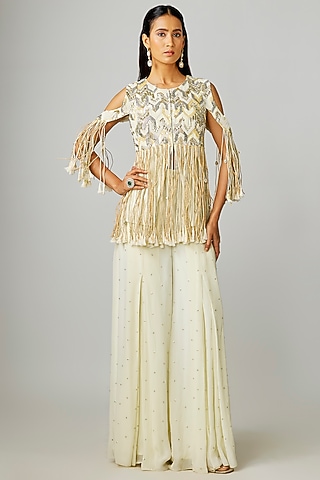 Ivory Crepe Embellished Fringe Jacket Set by Sva By Sonam & Paras Modi