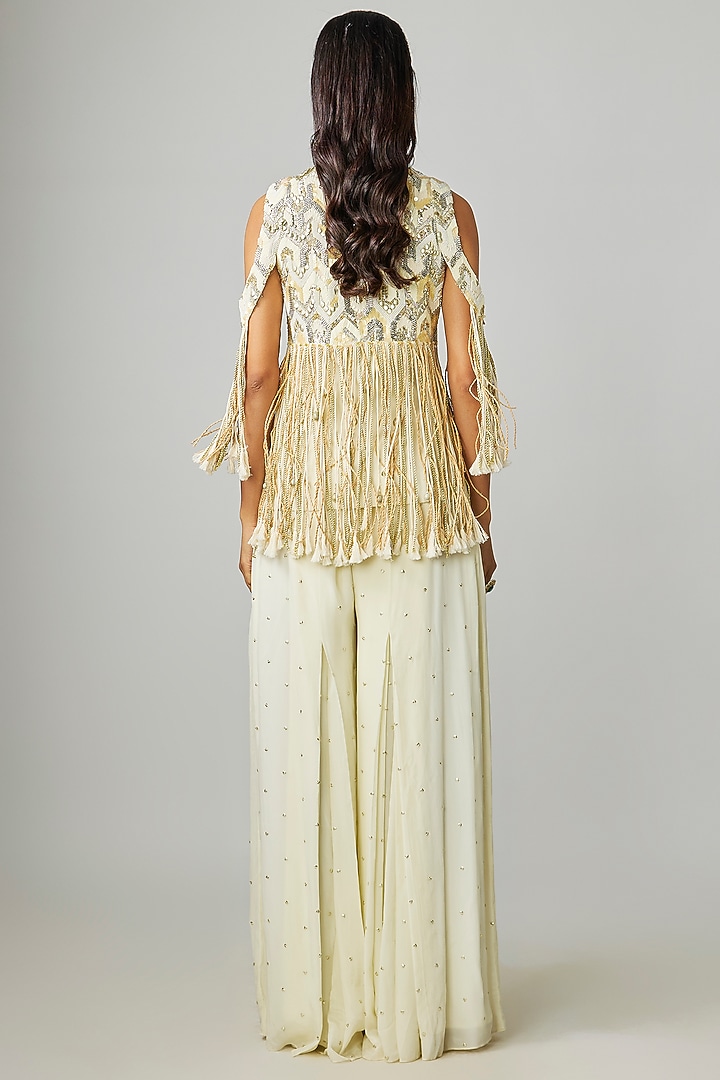 Ivory Crepe Embellished Fringe Jacket Set by Sva By Sonam & Paras Modi at Pernia's Pop Up Shop