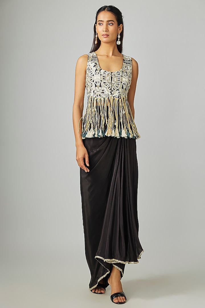 Black Crepe Draped Skirt Set by Sva By Sonam & Paras Modi at Pernia's Pop Up Shop