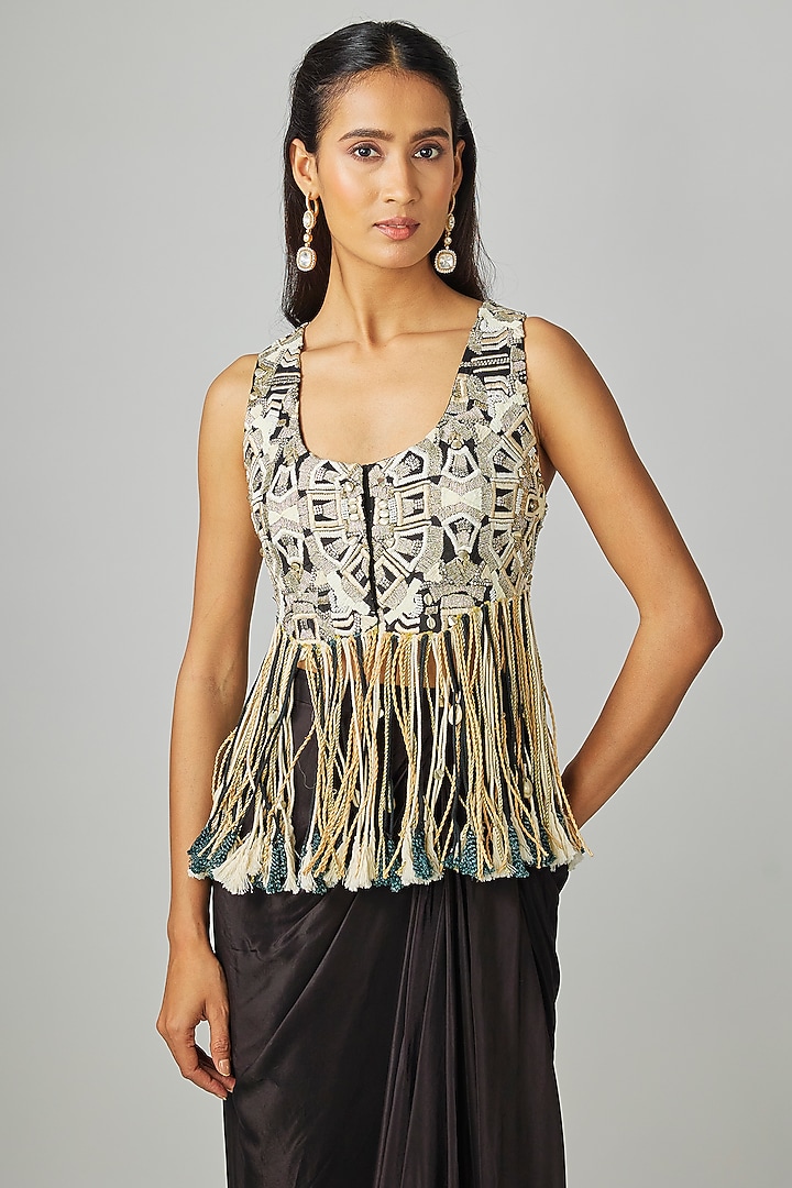Black Crepe Draped Skirt Set by Sva By Sonam & Paras Modi at Pernia's Pop Up Shop
