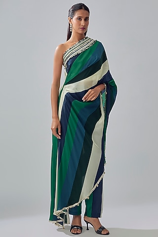 Multi-Colored Crepe Striped Printed Co-Ord Set by Sva By Sonam & Paras Modi