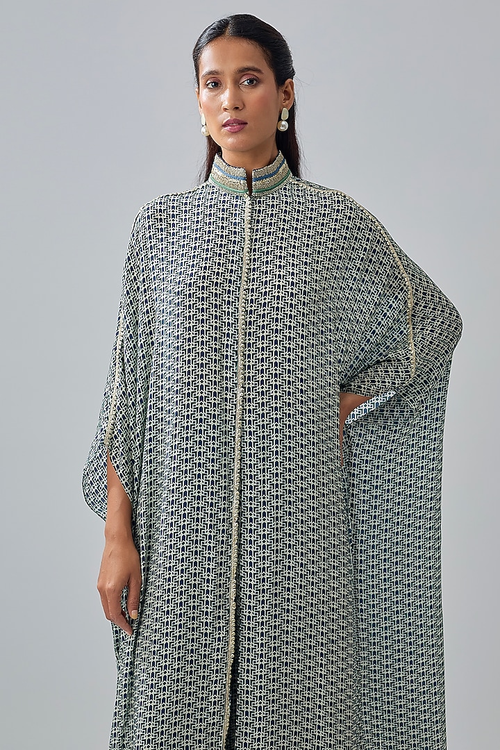 Blue Crepe Striped Printed Kaftan by Sva By Sonam & Paras Modi at Pernia's Pop Up Shop
